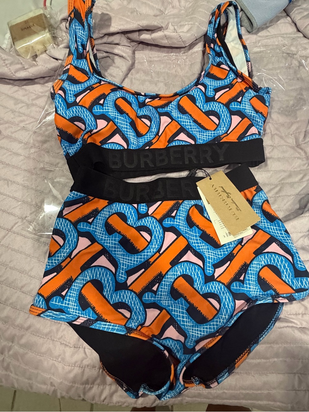 Burberry Blue, Orange & Black Logo-Band 2 Piece Swim Suit